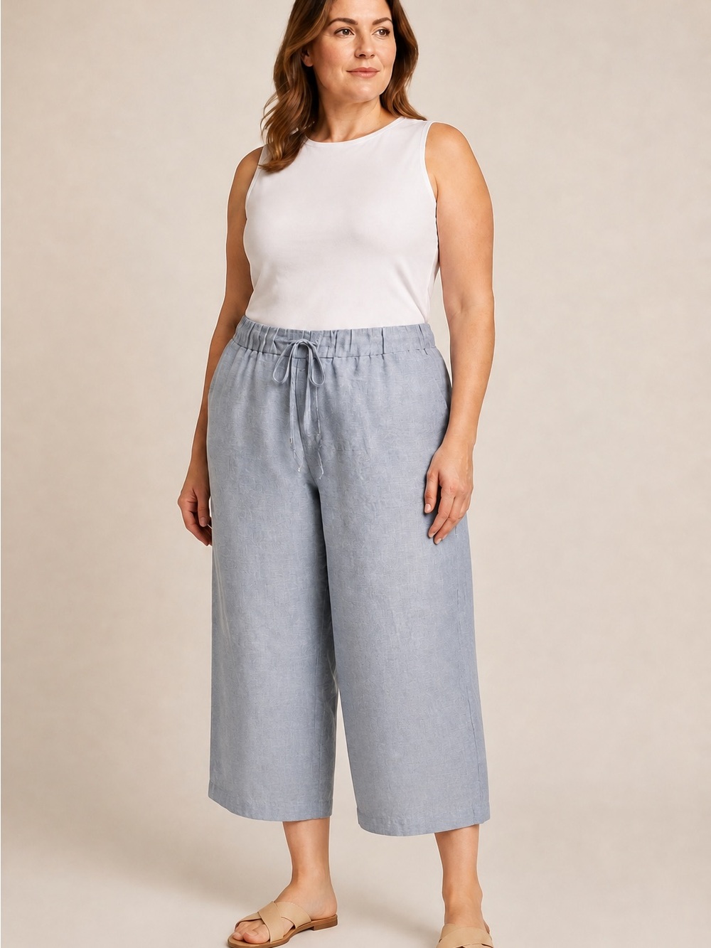 Relaxed Wide-Leg Drawstring Crop Pants - Light Blue 100% Linen